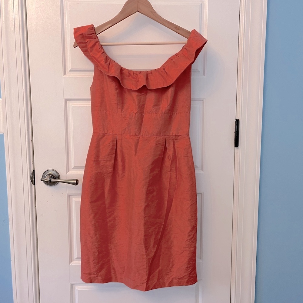 Lula Kate 100% Silk Coral Mini Dress with scoop neckline wi ruffles!